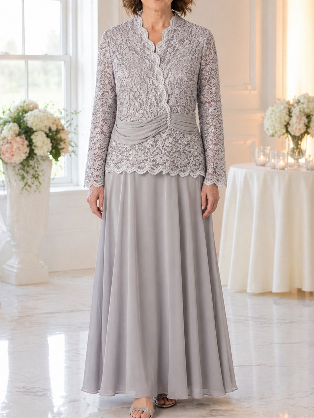 Onyx Nite Taupe Lace Gown Altered 5'3" Mother of Bride Groom MOG Formal 14 EUC